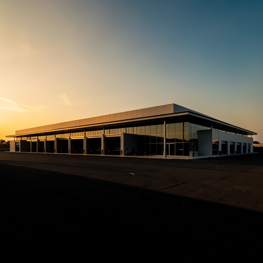 Exterior view of a manufacturing plant in Thailand at golden hour