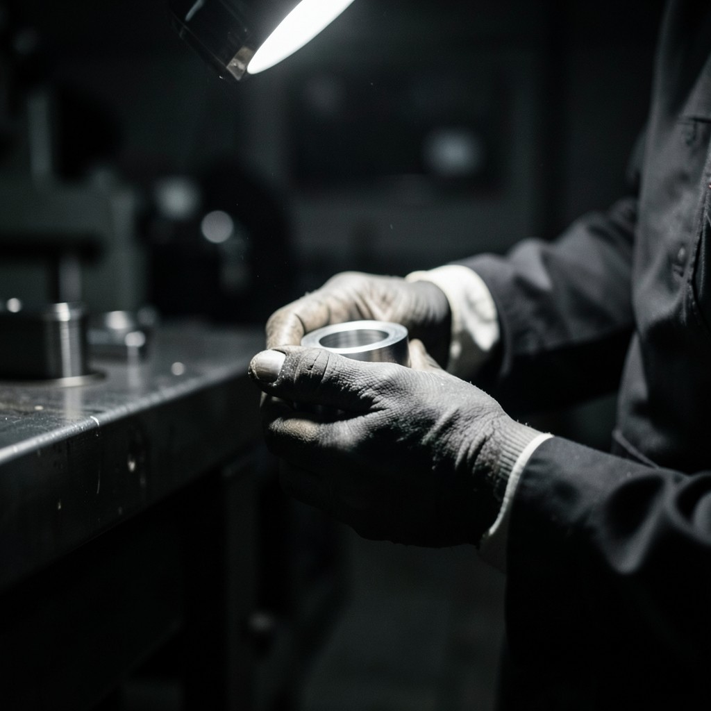Operator checking a finished part at a final inspection station