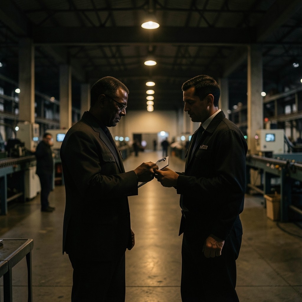 Two shift supervisors exchanging notes at a production changeover