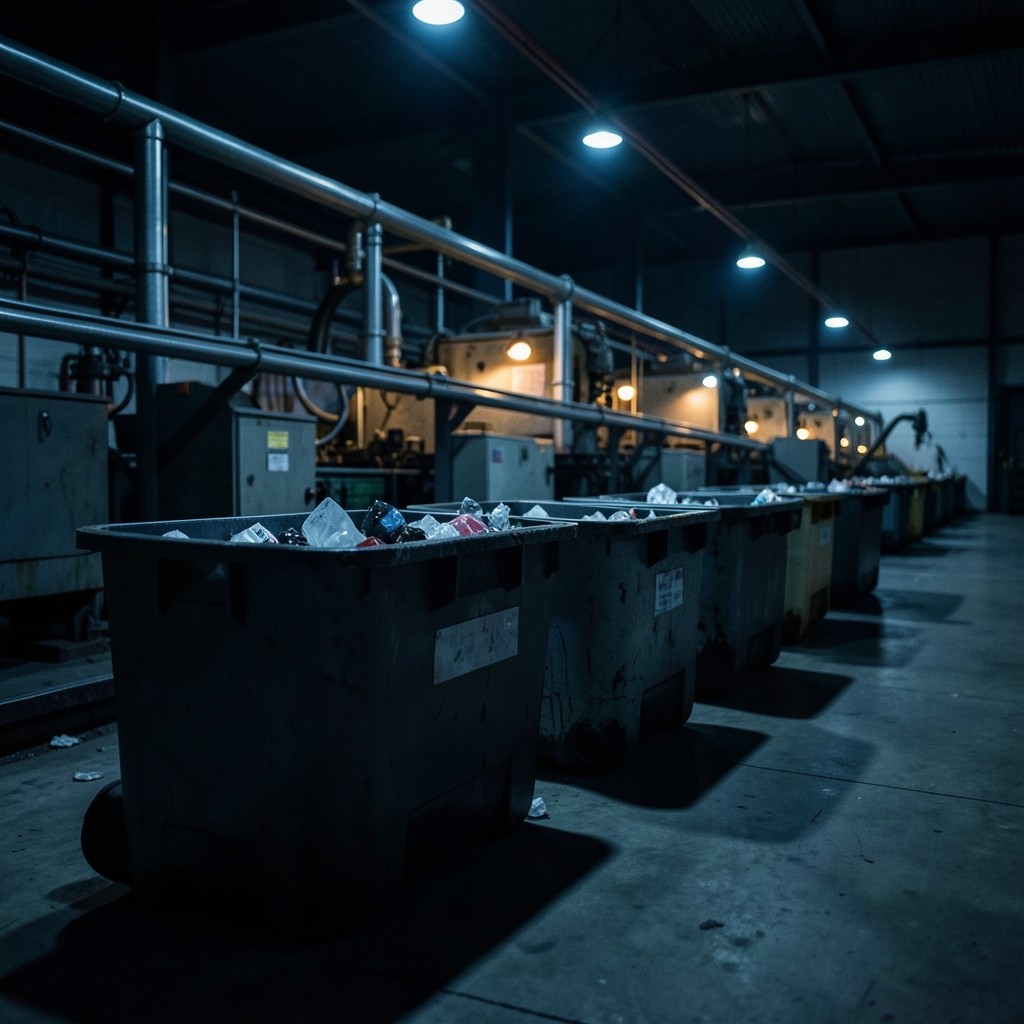 Scrap bins labeled by shift beside a manufacturing line