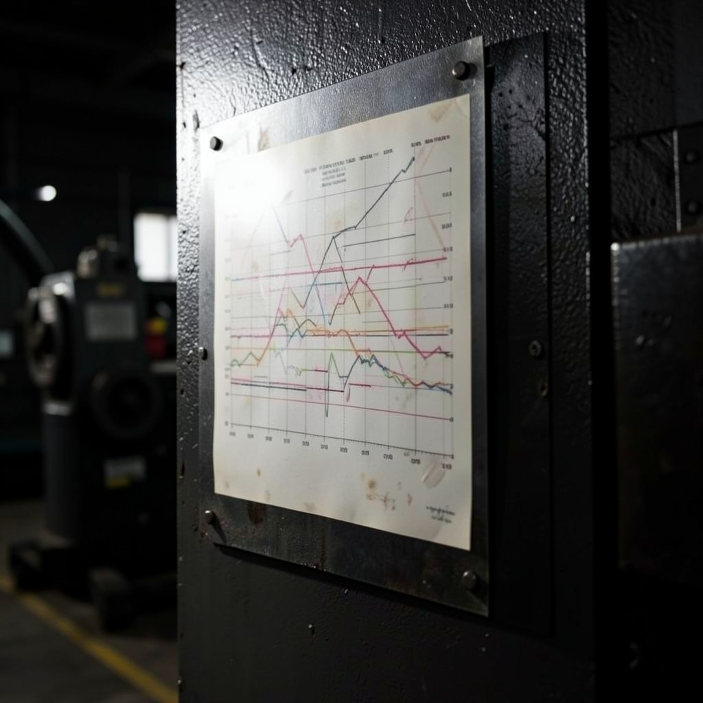 Printed statistical process control chart hanging near a machine station