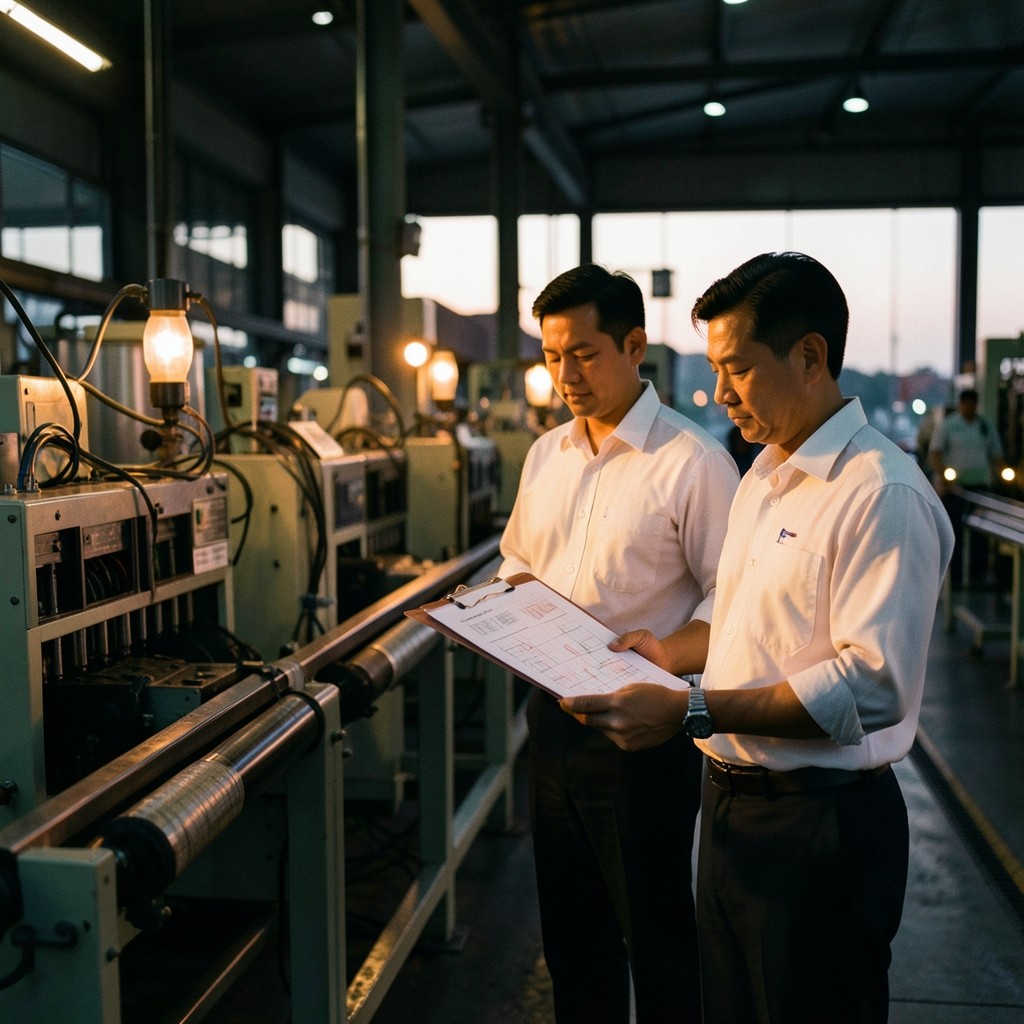 Plant supervisors reviewing quality charts beside an active production line at dusk
