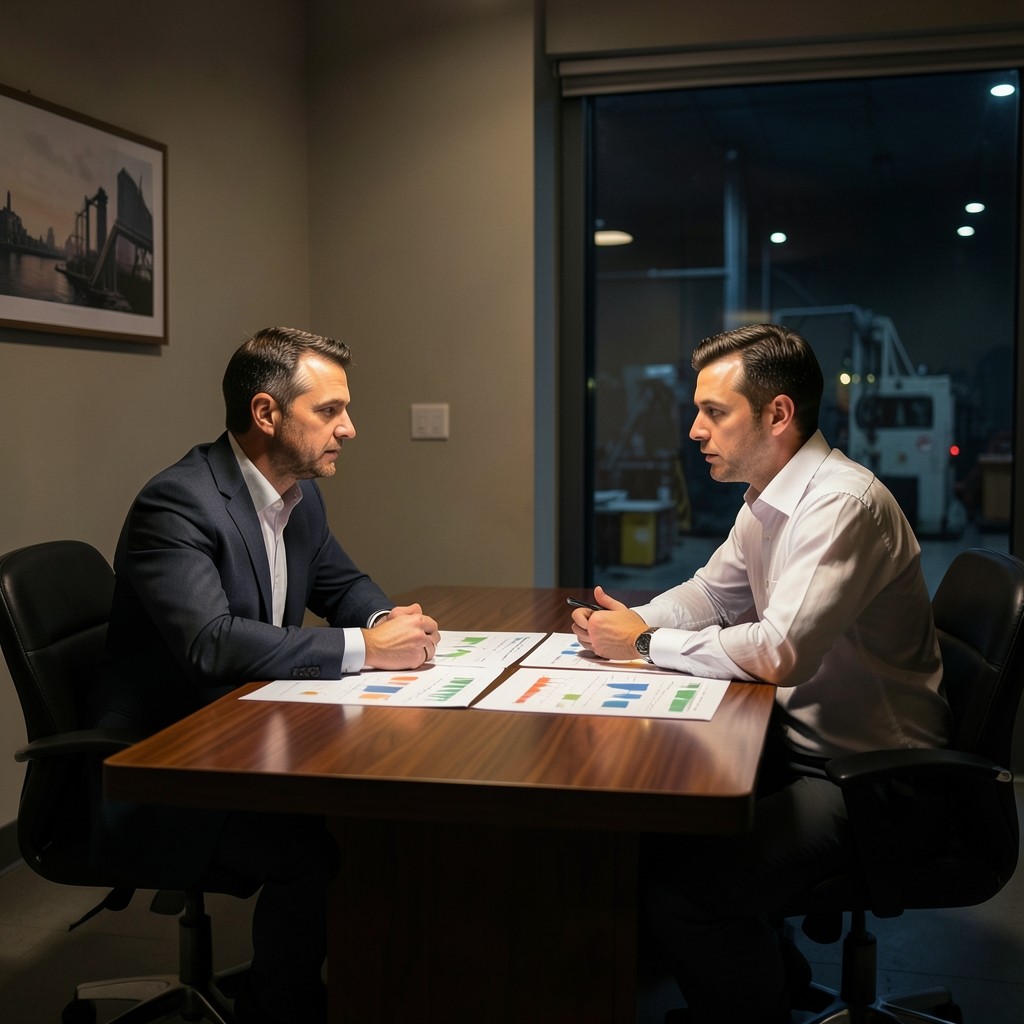 Advisor and plant manager discussing yield charts in a factory meeting room