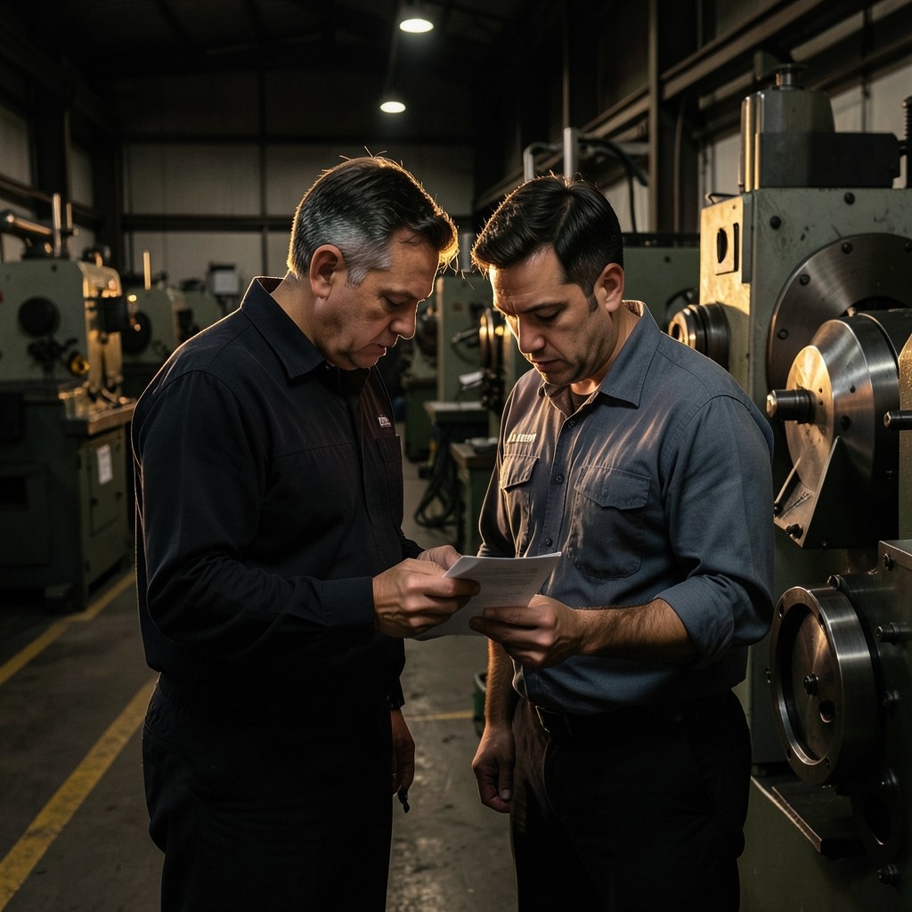 Quality advisor and supervisor reviewing inspection notes on the production floor