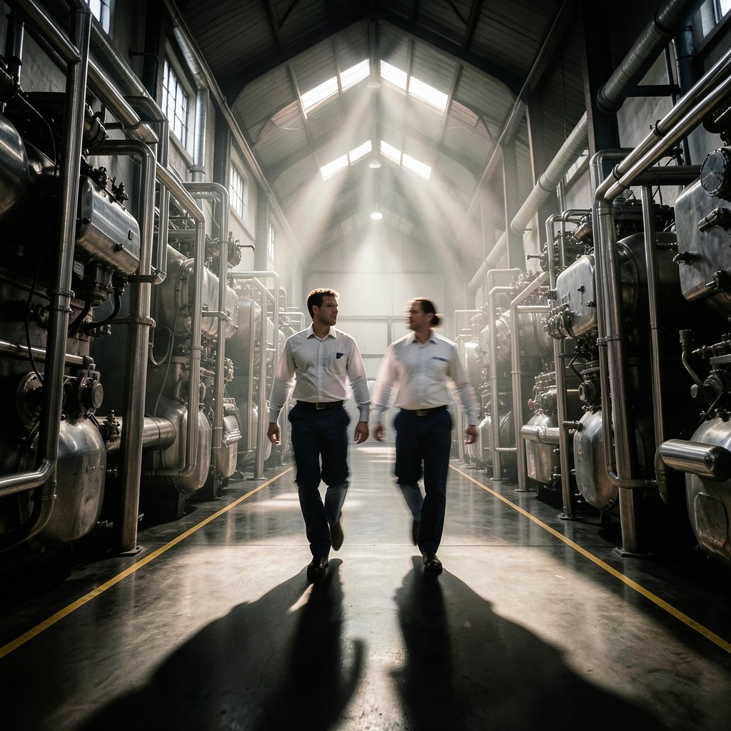 Advisor and plant supervisor walking an active manufacturing aisle during a quality review